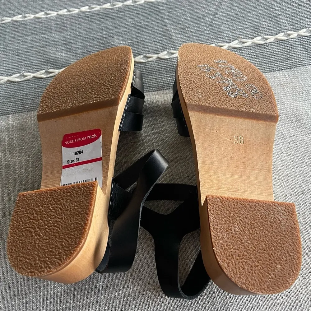 Swedish Hasbeens New Braided Sandals Size 8 Black Wood Platform Clog Heel - Image 6