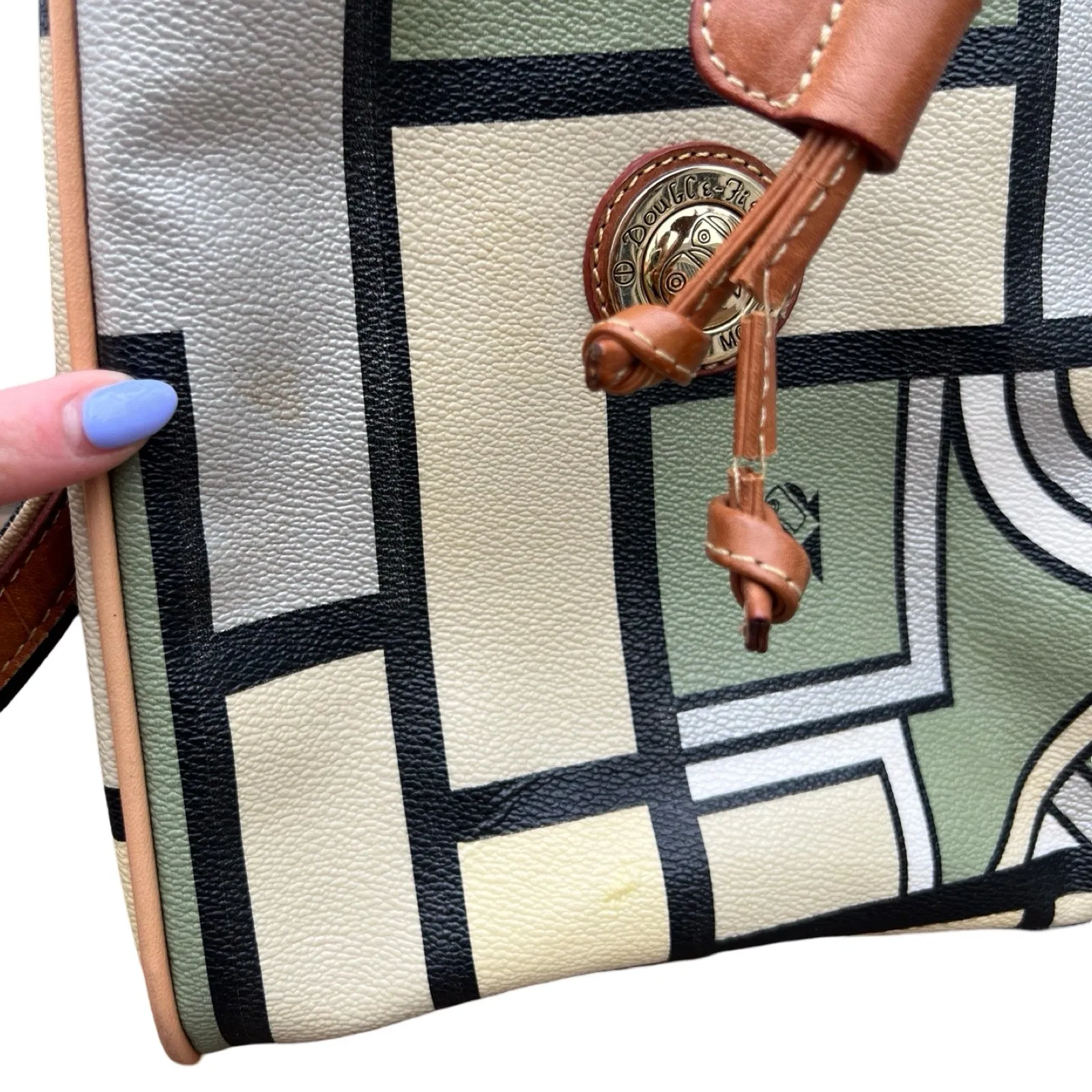 Double Fish 90s Leather Geometric Beige Green Silver Drawstring Shoulder Bag - Image 7