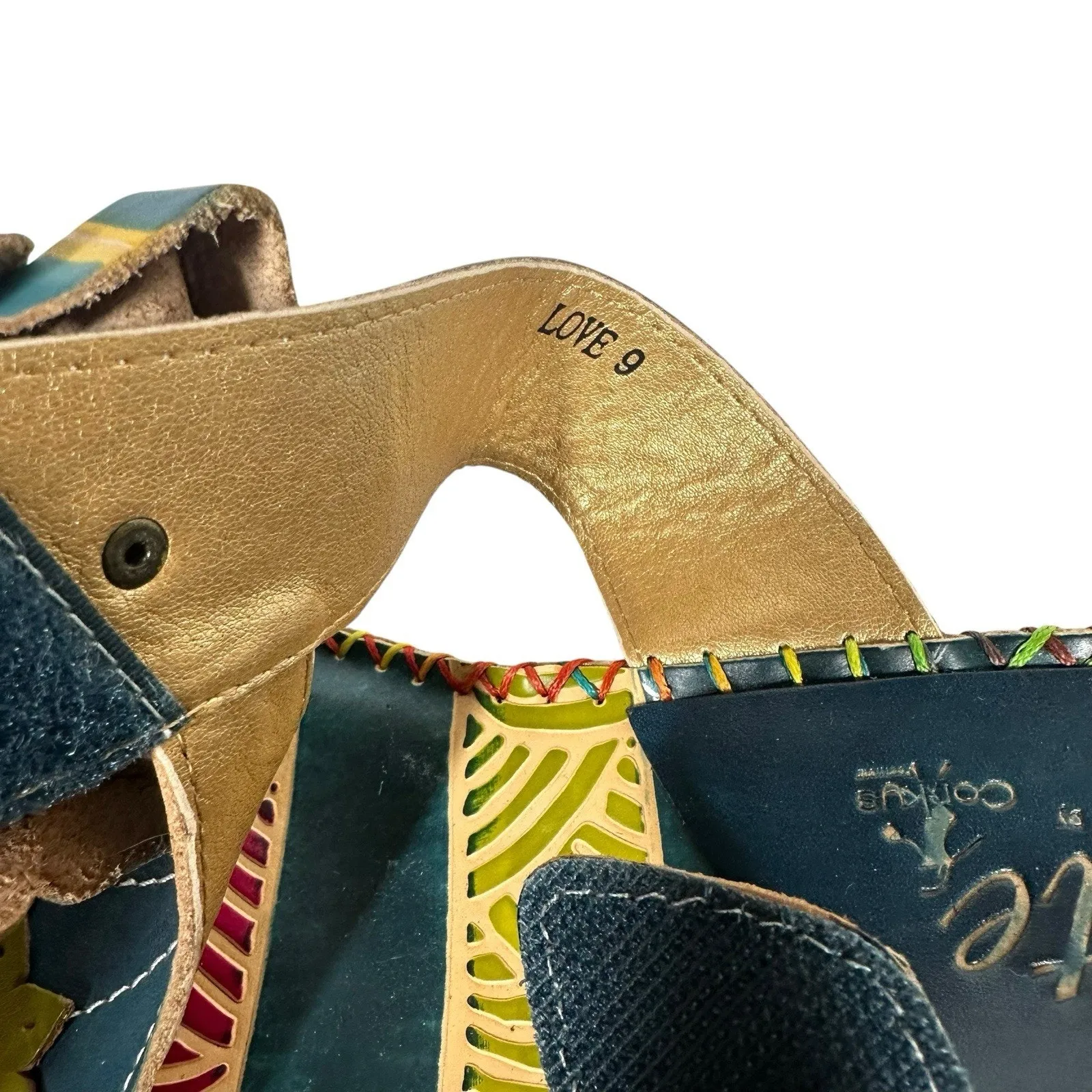 Elite by Corkys Love Wedge Sandals Slides Blue Multicolor Leather Sz 9 NEW Artsy - Image 10