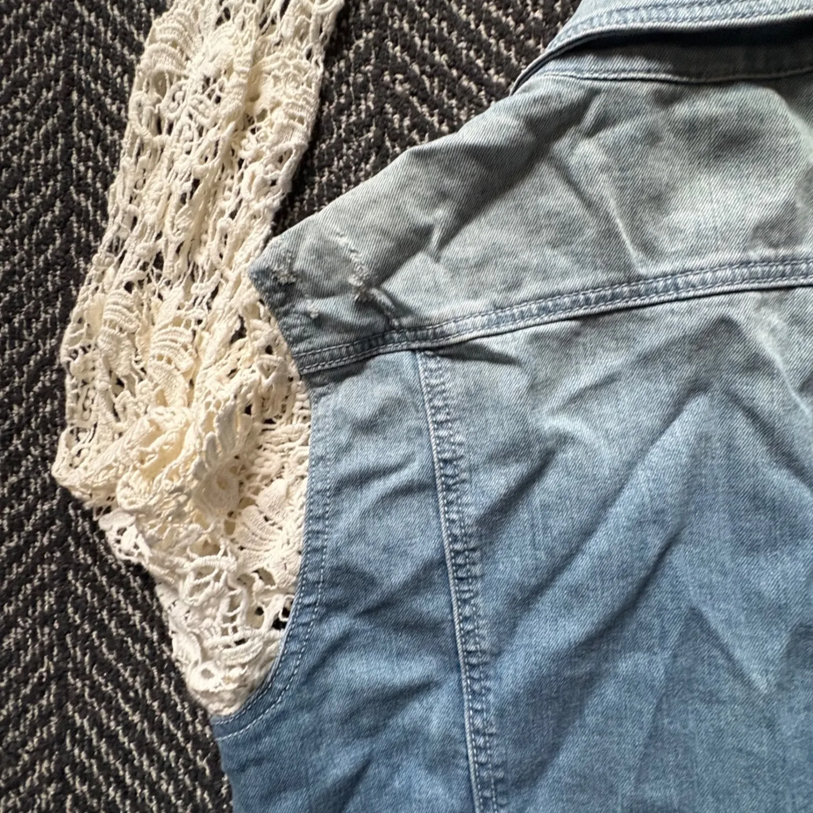 Oodji Denim Jacket White Crochet Lace Long Sleeves Distressed Women Size 42‎ Blue - Image 15