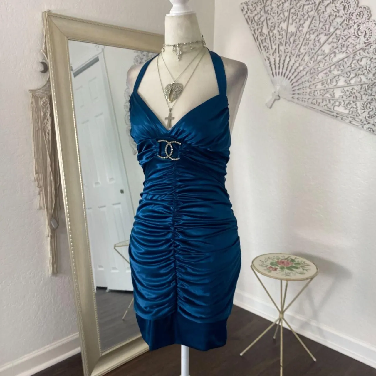 Cobalt Blue Shiny Satin Rhinestone Early 2000's Vampy Bratty Party Mini Dress S - Image 4