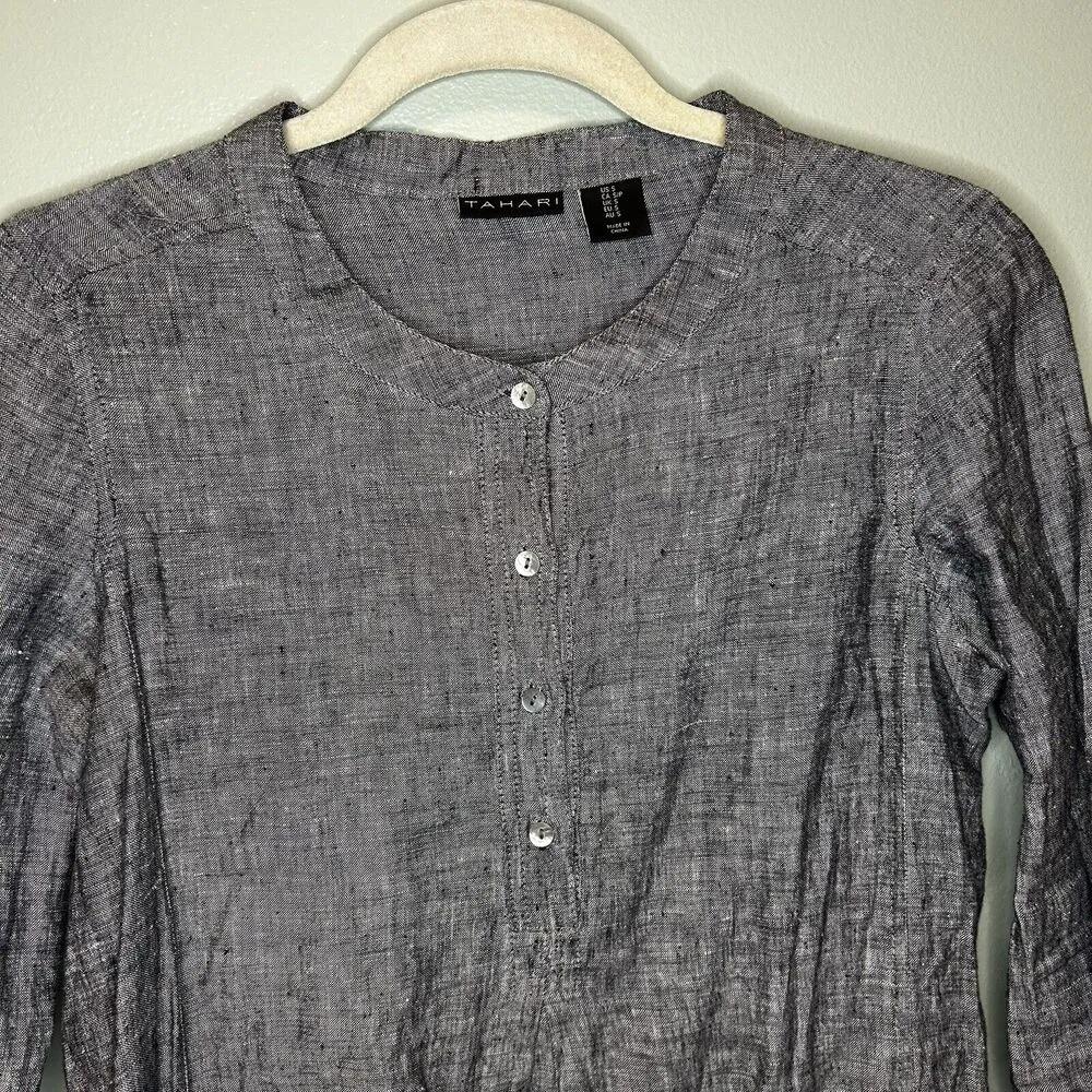 Tahari Women S Shirt Dress Black White Linen Long Sleeve Split Neck Lightweight - Image 2