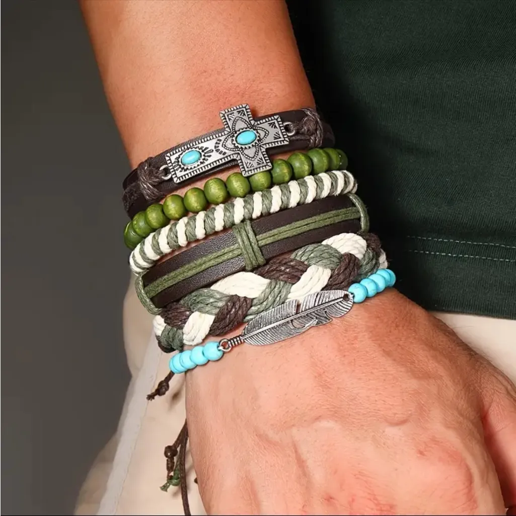 Bohemian Faux Leather Bracelet Set Cross & Feather Charms Adjustable Handwoven‎ Brown - Image 3