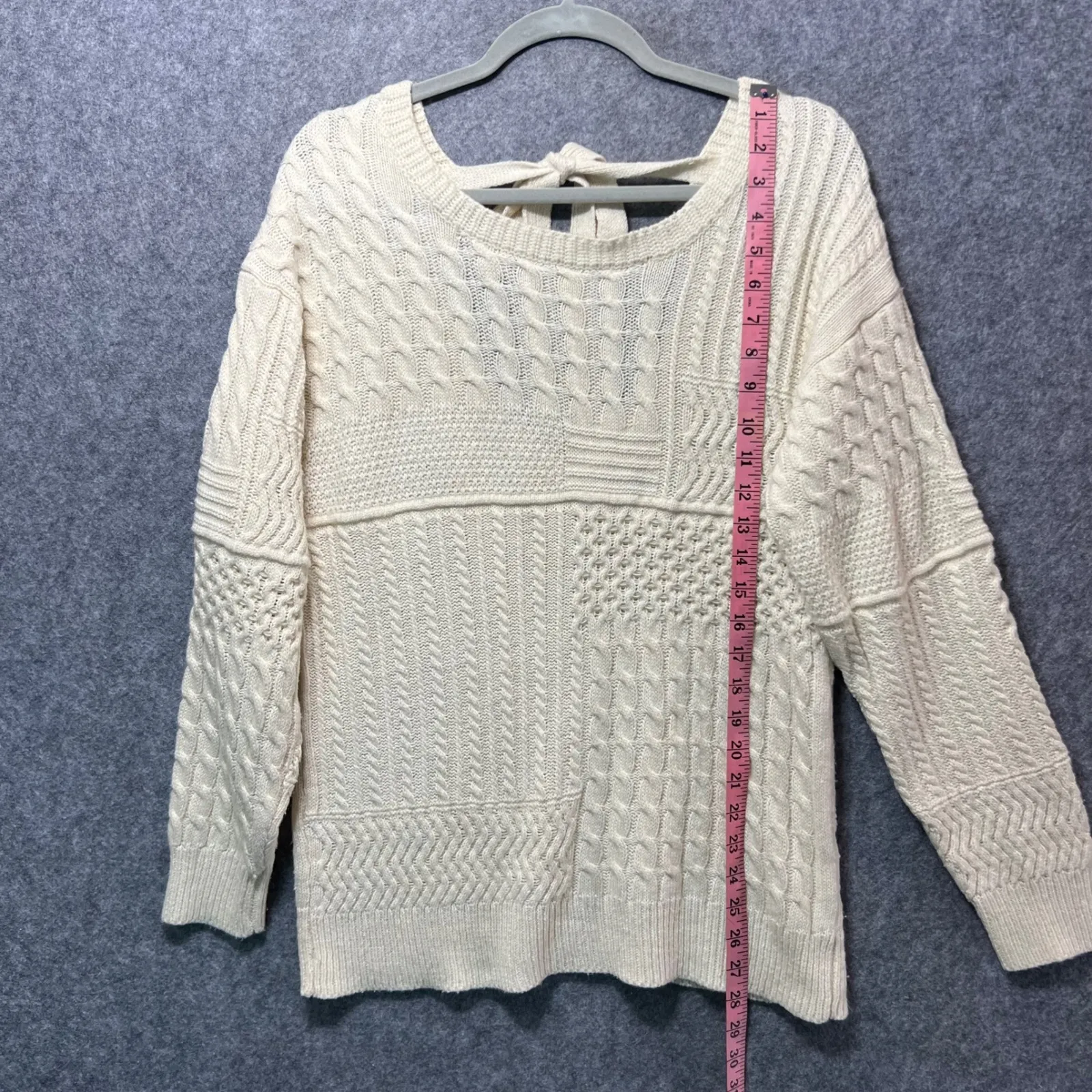 Cream Cable‎ Knit Patchwork Sweater Back Tie Bow Neck Long Sleeve M L Cozy Co Size undefined - Image 3