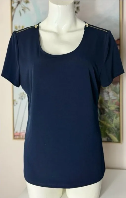 Carmen Marc Valvo Navy Blue Zip Shoulder Short Sleeve Stretch Top Size Large - Image 1