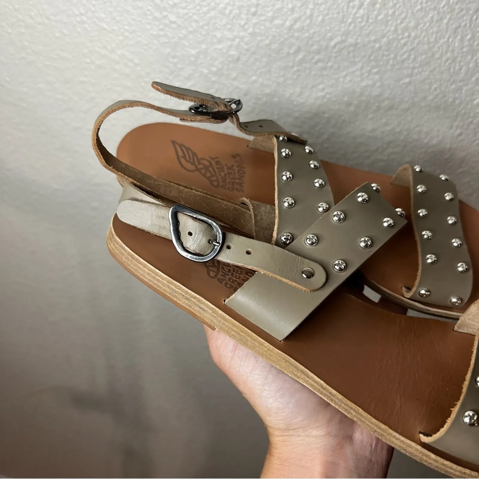 Ancient Greek Sandals Dinami Studded Leather Sandals in taupe 41 Tan Size 10 - Image 3
