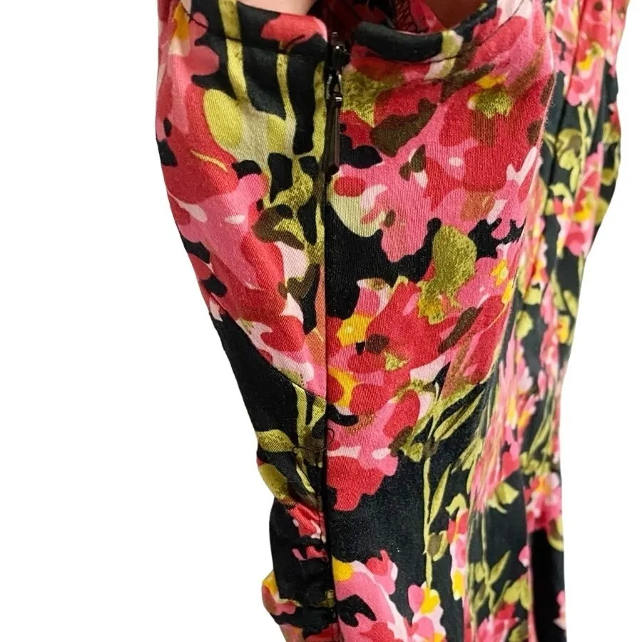Maggy London Petites Black Pink Retro Floral V-Neckline Cotton Sheath Dress 2P - Image 8