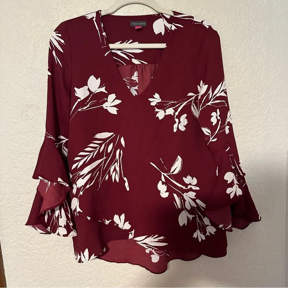 VINCE CAMUTO Women' Maroon ‎ Ruffled Pleated Floral Flutter Sleeve V Neck Blouse - Image 11
