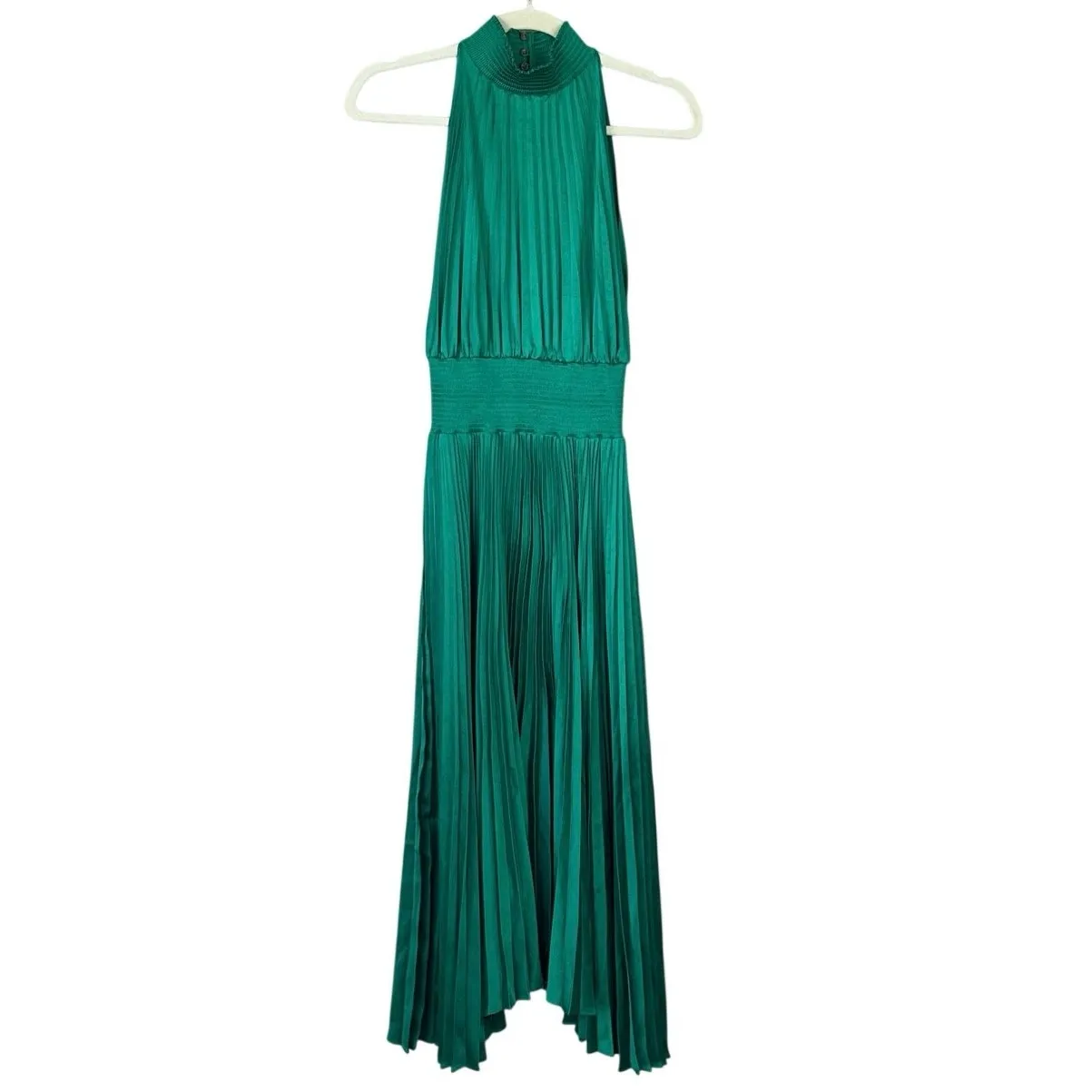 ALC Renzo Pleated Halter Midi Dress Serpent Green Emerald Cocktail Party Satin - Image 3