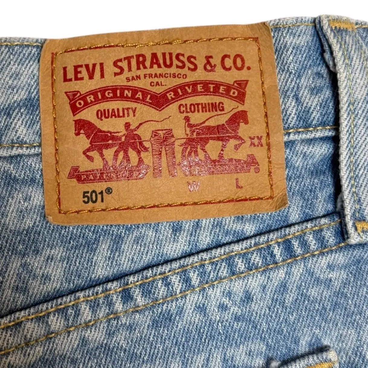 Levi's 501 Denim High Rise Cutoff Shorts All Over Logo Print Frayed Hem Size 29 - Image 6