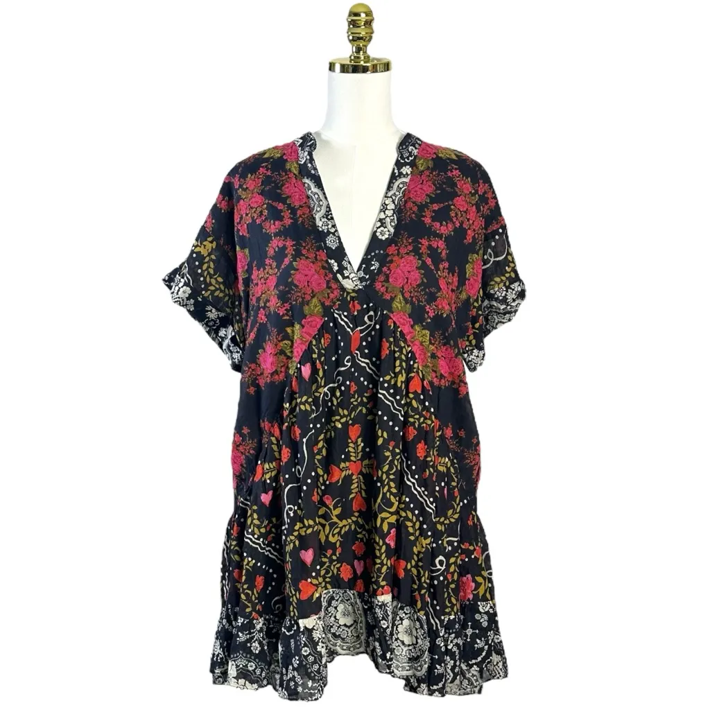 Free People Printed Agnes Tunic Dress Oversized XS Heart Floral Black Bohemian - Image 14