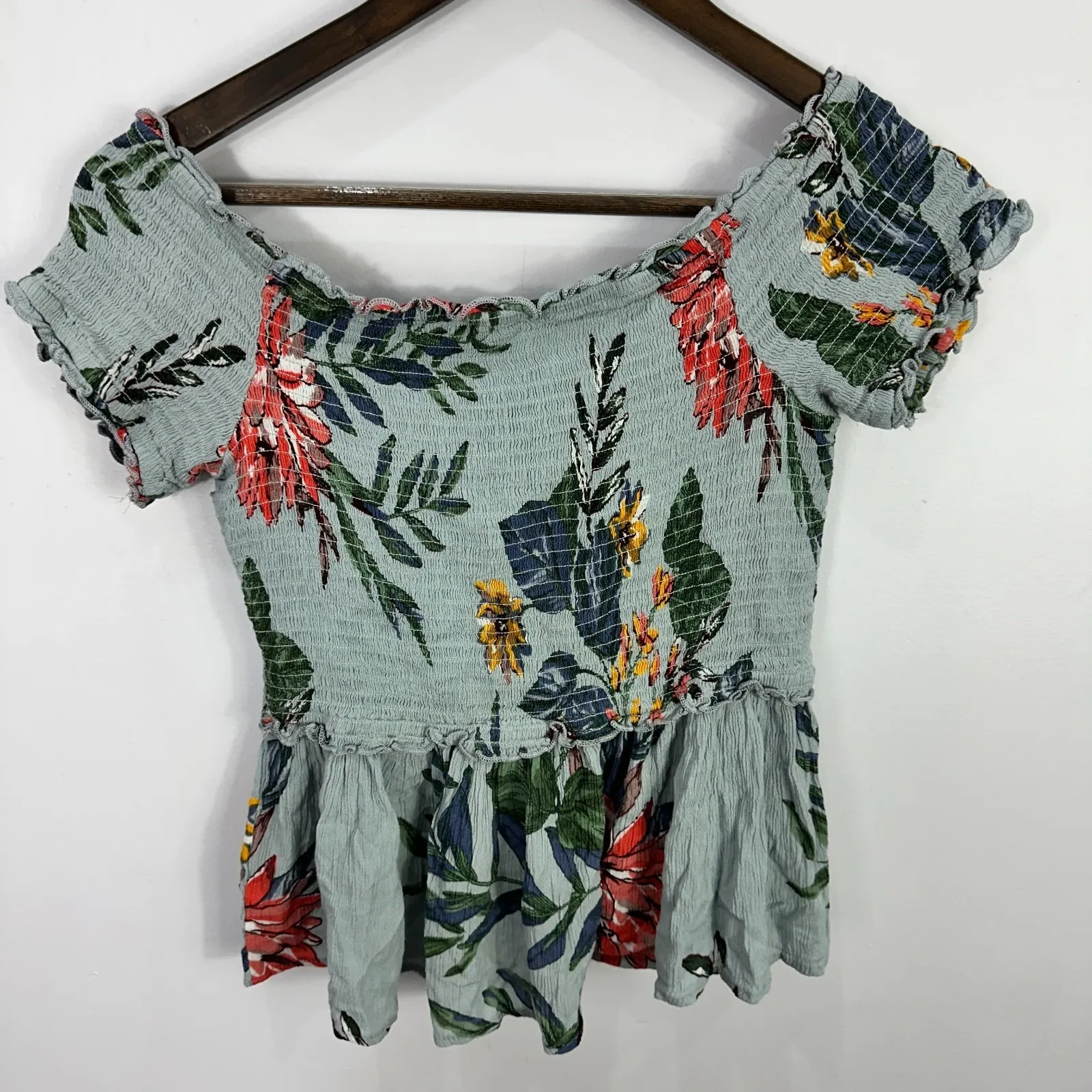 Patrons of Peace Top S Blue Floral Smocked Peplum Boho Cottagecore Festival - Image 2