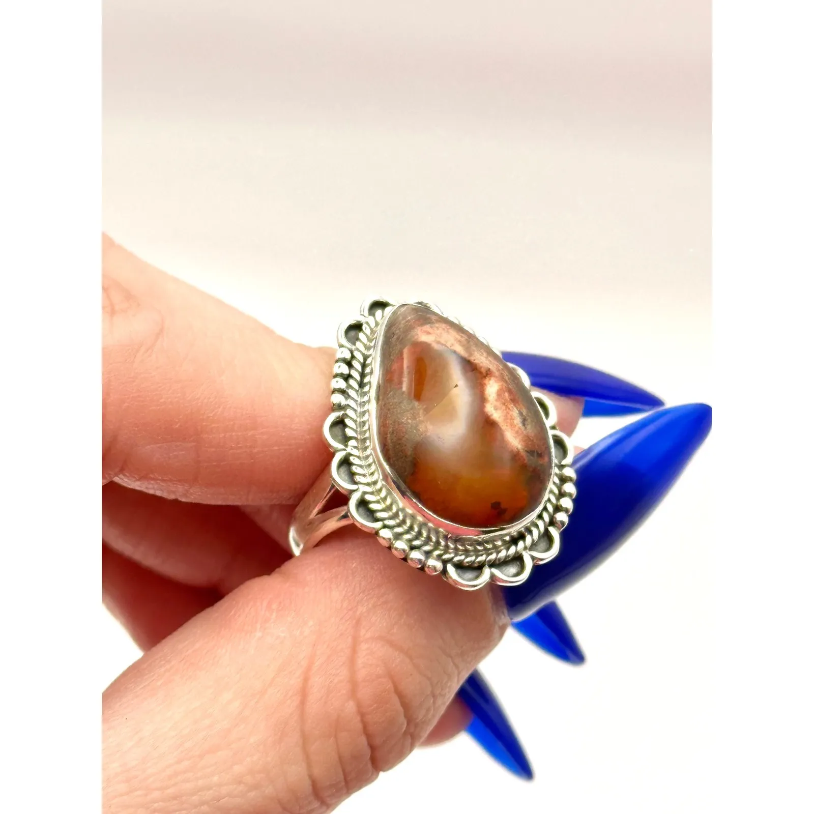 Mexican Fire Opal Sterling Silver Handmade Ring Size 9 - Image 5