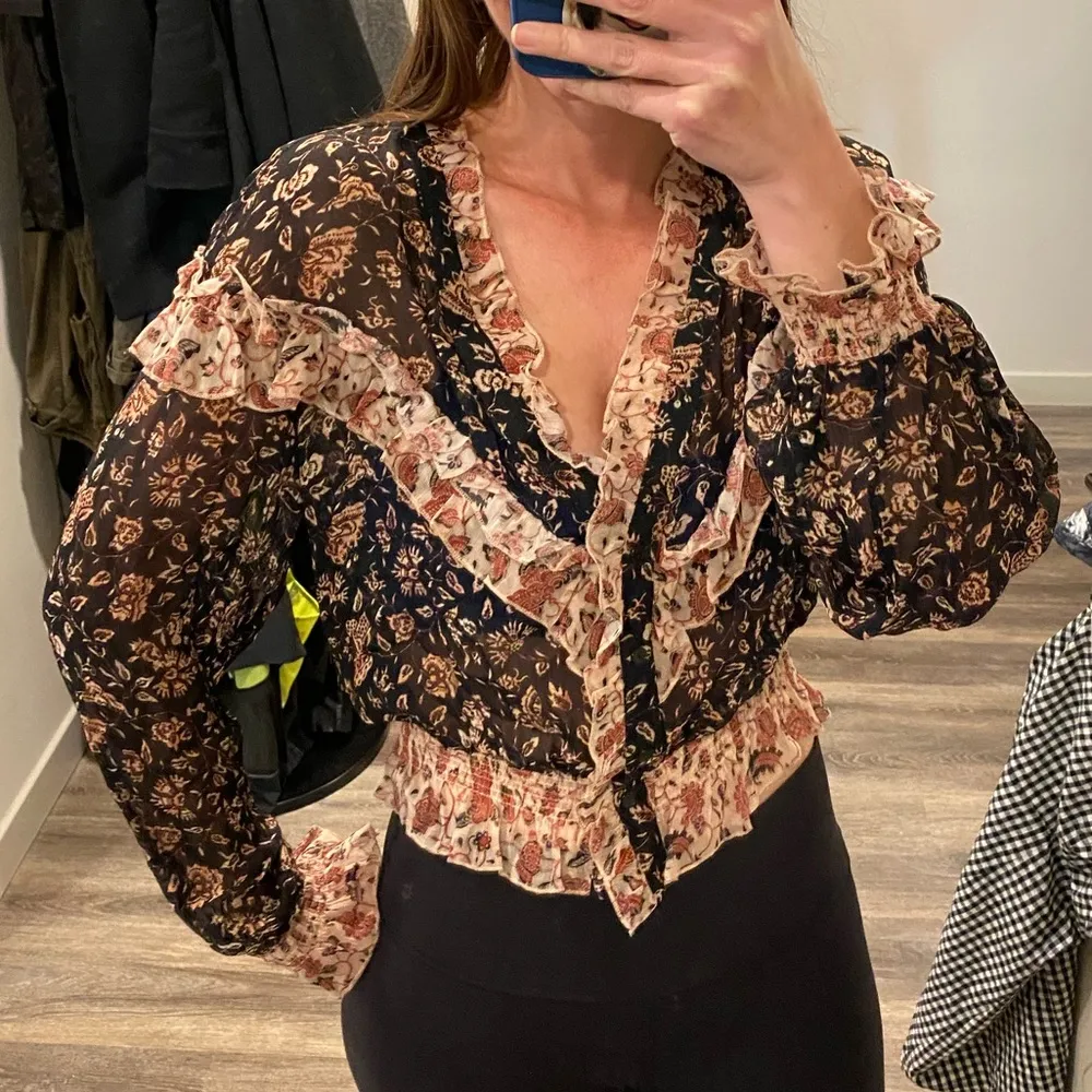 H&M boho cottagecore ruffle smocked long sleeve floral blouse top navy pink - Image 4