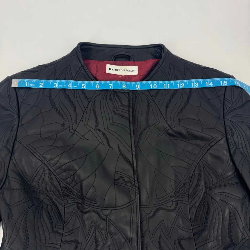 Katherine Kelly Black Floral Quilted Lambskin Leather Jacket S - Image 11