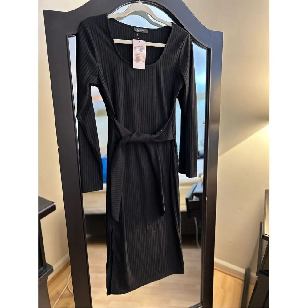 NEW Square Neck Slit Bodycon Dress Tie Waist Ribbed Midi S Red - Image 4