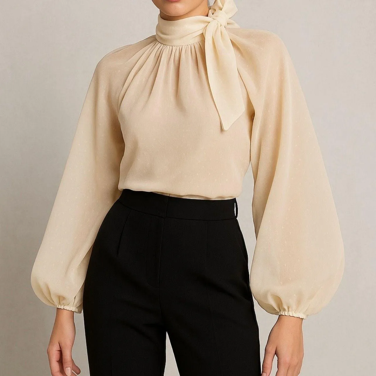 nasty gal glass fabric high neck tie back blouse cream French romance - Image 2