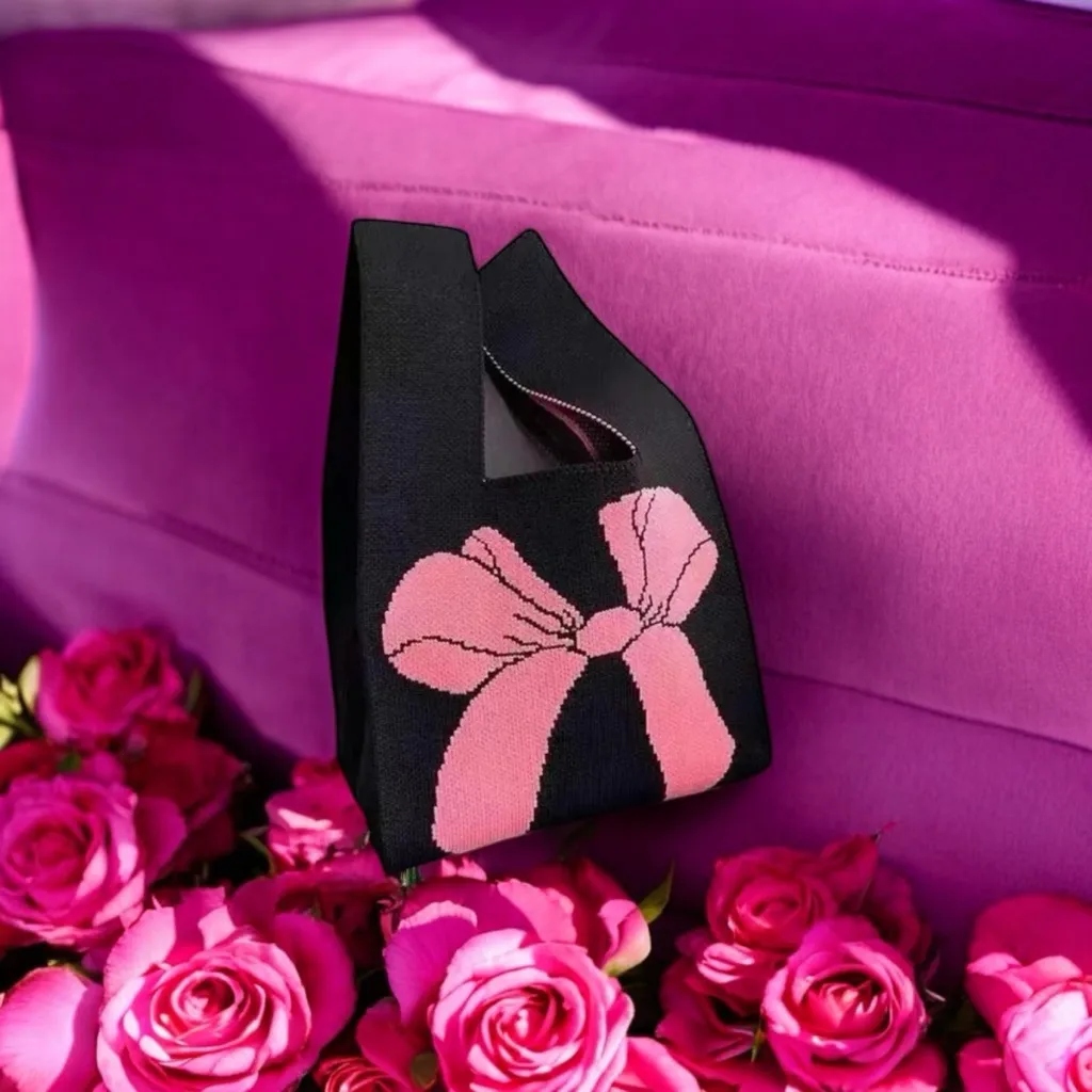 Stylish Black‎ Pink Bow Knit Style Handbag Fashionable Design Versatile Wristlet Black - Image 5