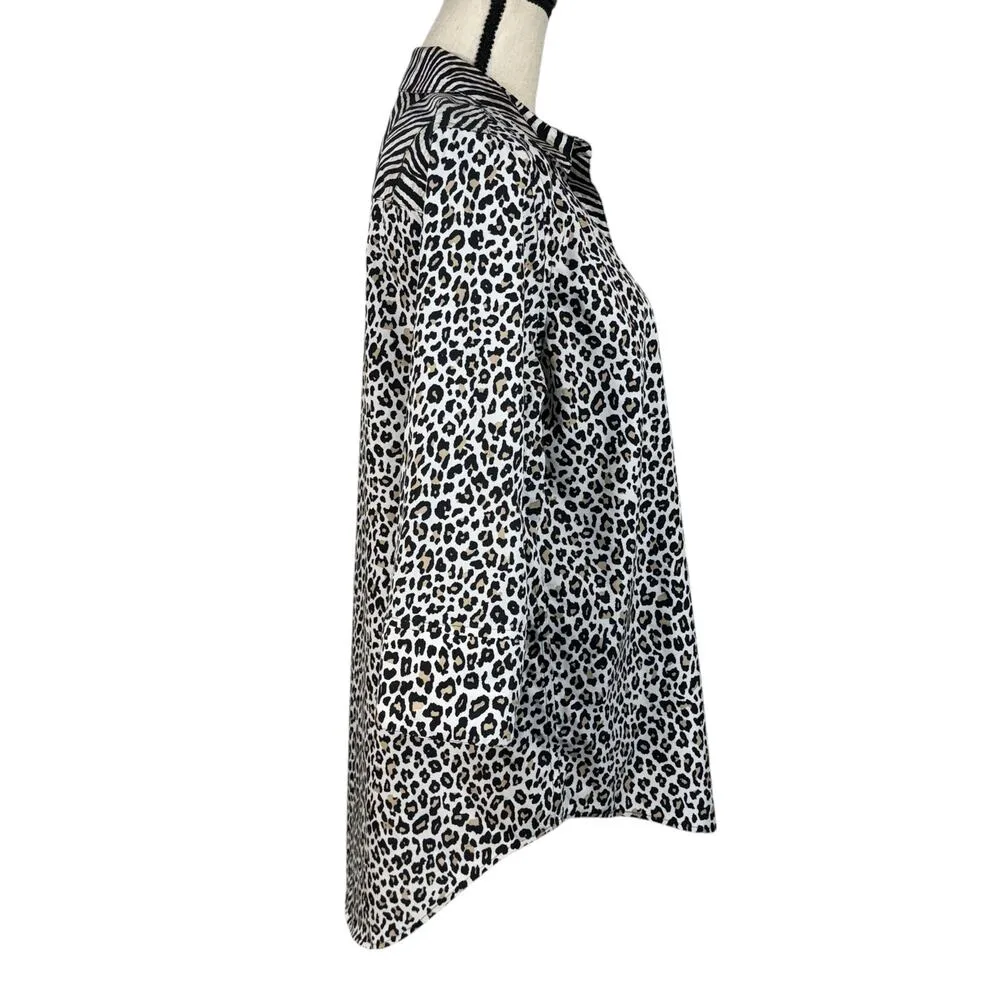 Chico’s SZ 1 (Medium) Top Leopard Zebra Print Button-Up 3/4 Sleeves Hi-Low Hem - Image 4