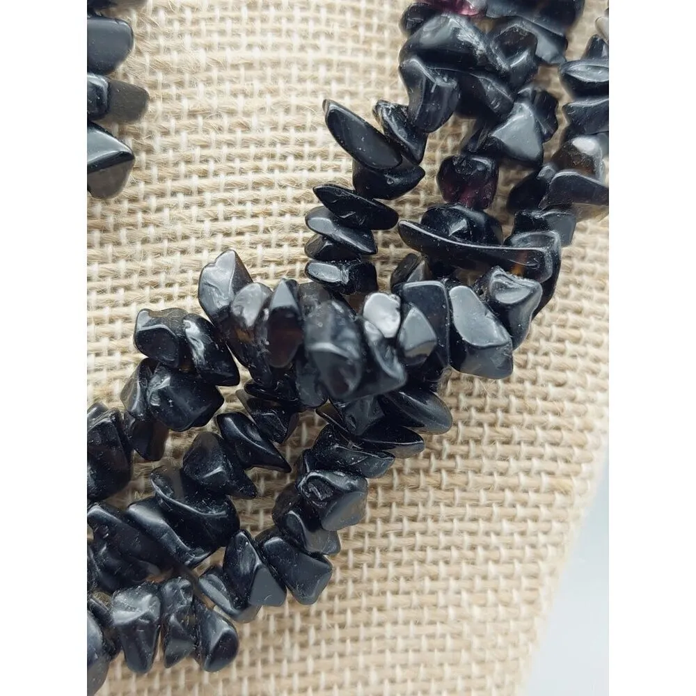 Stone Multi Strand Artisan Statement Necklace & Earrings Black Chip Stone - Image 7