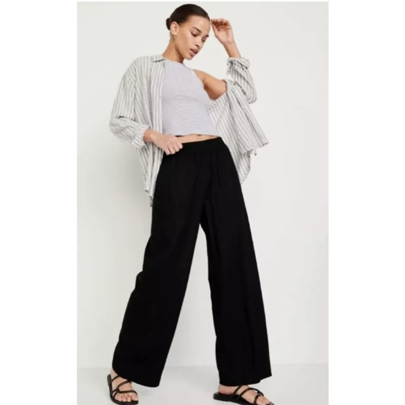 Vince High-Waisted Linen-Blend Wide-Leg Black Pants‎ Size XL - Image 3