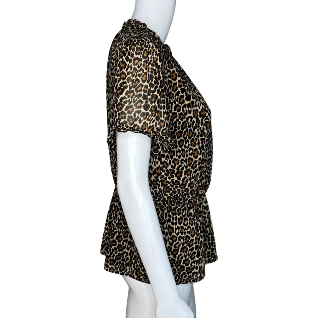 J.Crew Shirt Womens Small Brown Cheetah Print Ruffle Neck Peplum Rockabilly Edgy - Image 2