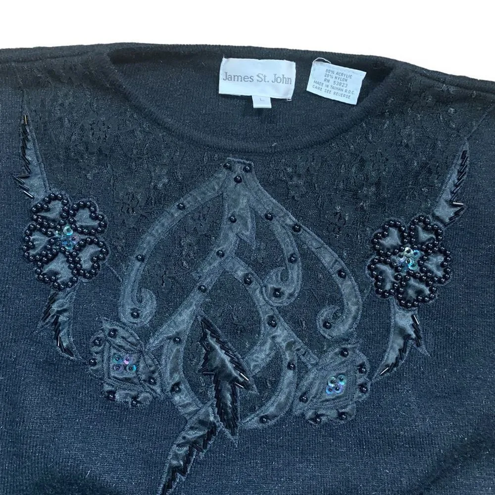 Vintage James St. John Sweater Black Abstract Floral Lace Sequins Pullover - Image 6