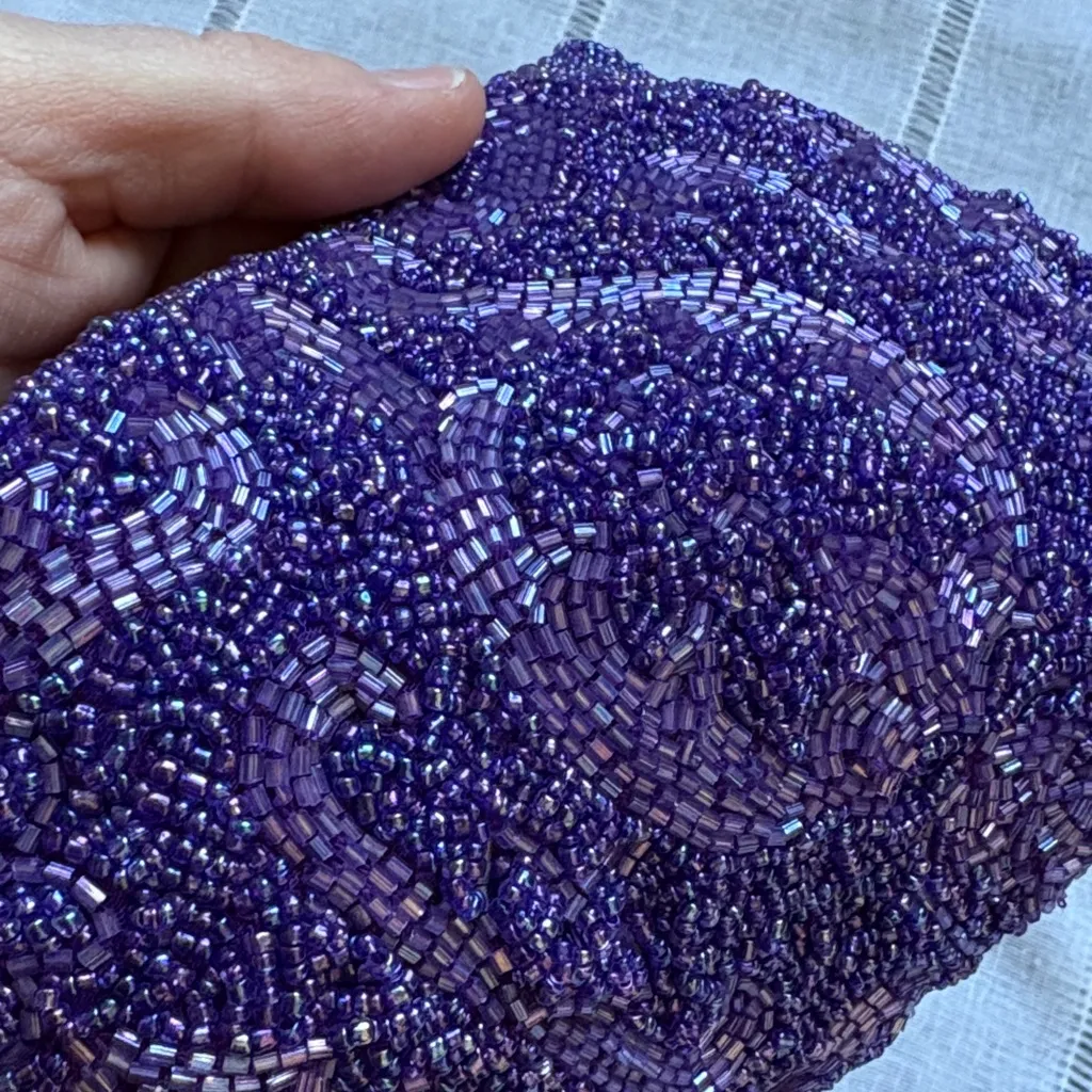 Vintage Deep Purple Beaded Clutch With Satin Interior - Image 8