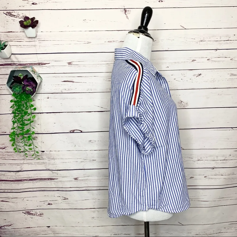 Japan Blue & White Courier Stripe Casual Button Down Top Size Large - Image 5