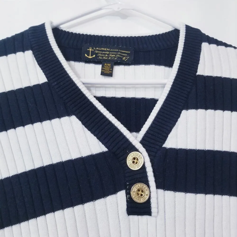 Lauren Jeans Company Nautical Ribbed Knit Sweater Blouse Long Sleeves V - Image 11