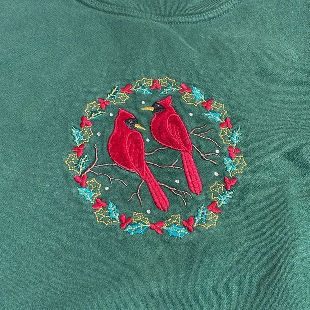 Y2K Vintage Granny Style Cardinal Christmas Sweatshirt Green Large - Image 3