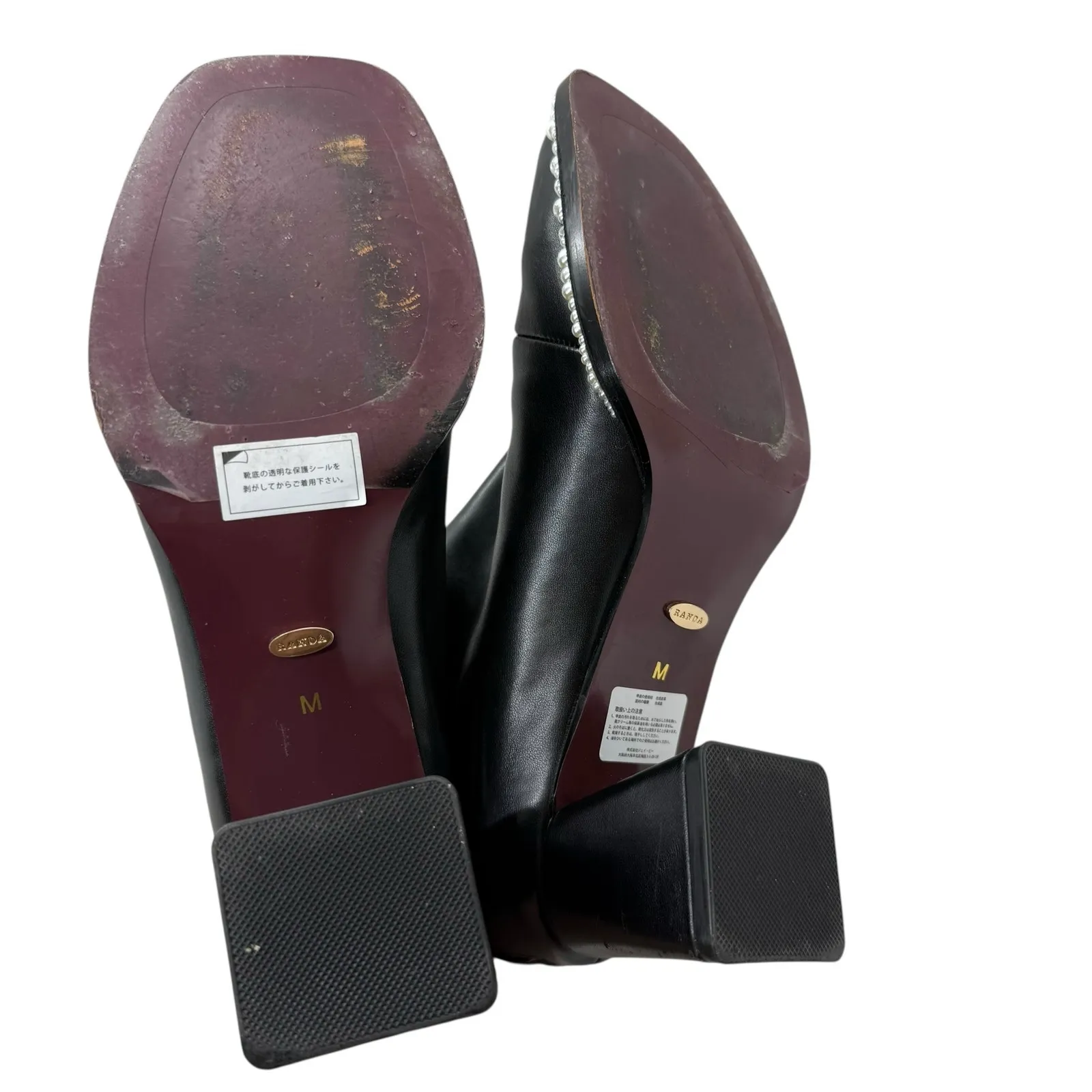 Randa Leather Black Square Toe Block Heel Boots Pearl Trim size M / US 7 - Image 7