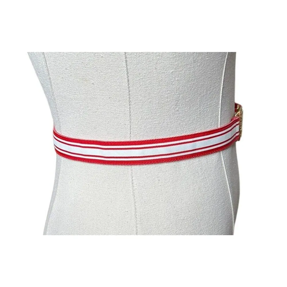 Vintage Anne Klein Studio NYC Gold Lion Buckle Womens Belt Red White 1976 - Image 5