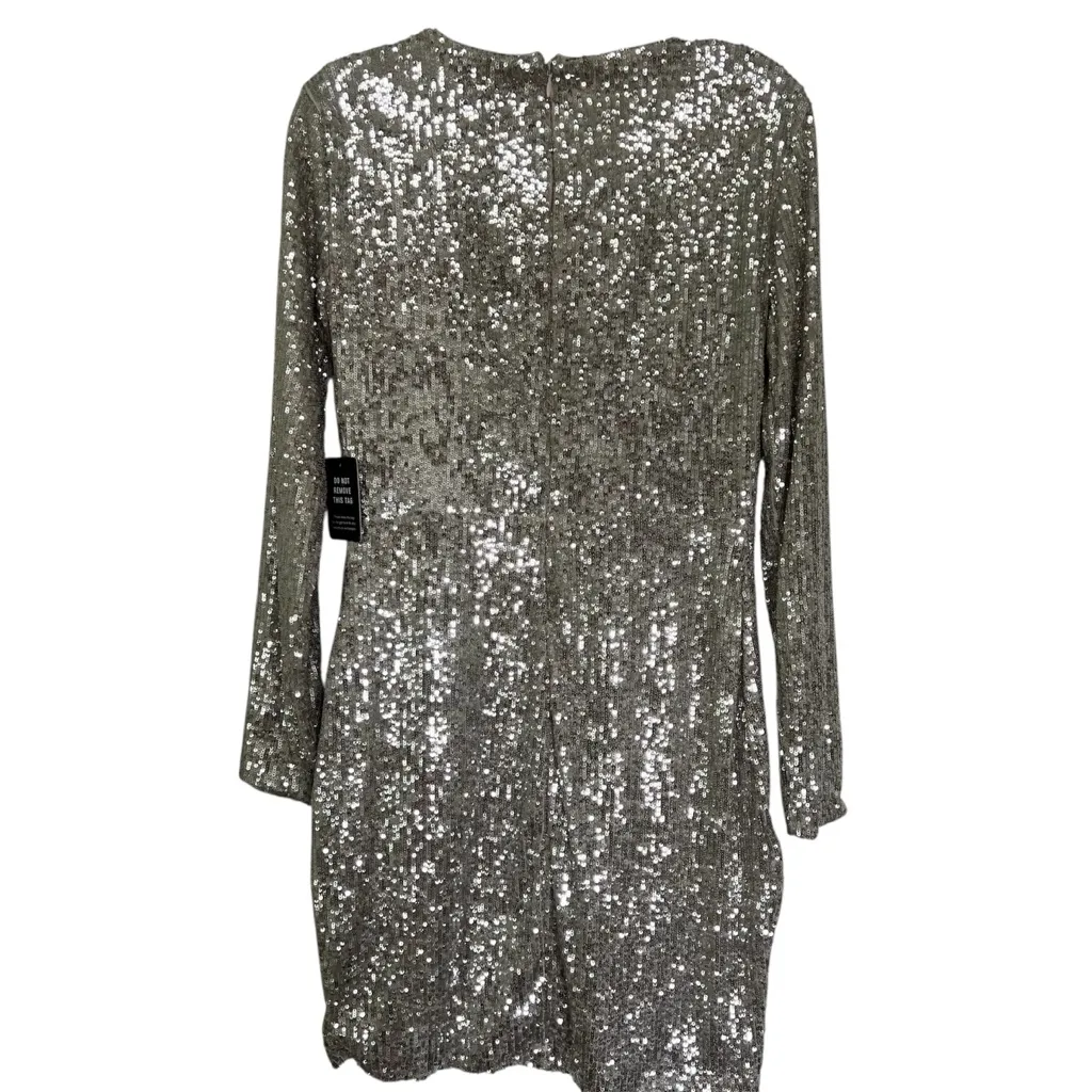 Express Silver Sequin Embroidered V Neck Long Sleeve Formal Party Dress Sz Small - Image 3