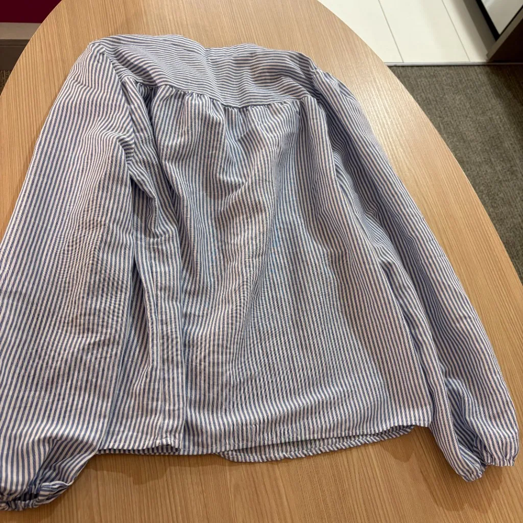 Shein Blue and White Striped Popover Top Large Long Sleeve Collared Blouse Shirt - Image 3