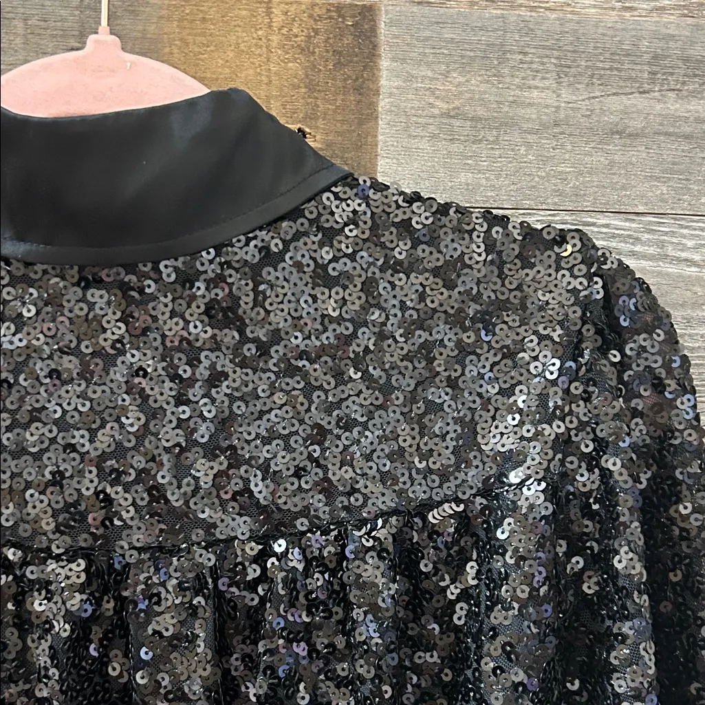 Hutch Black Sequin Satin Collar Tie Waist Mini Shirt Dress Size Small NWT - Image 9