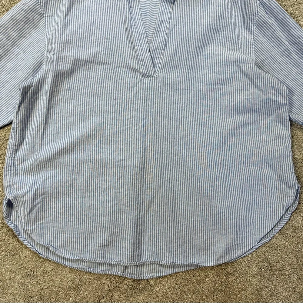 H&M Women’s Linen Cotton Longsleeve Top V-Neck in Light Blue Striped Coastal L - Image 6