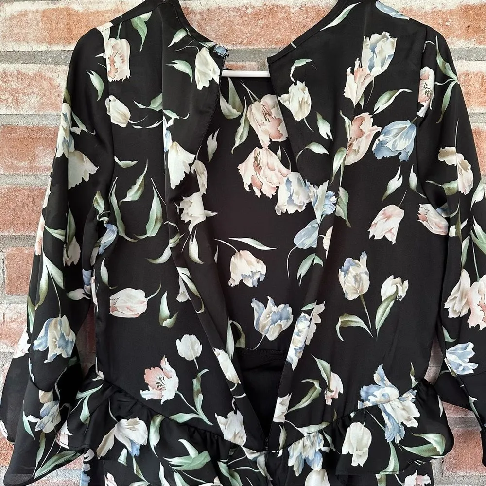 Avec Les Filles Floral Ruffle A Line Dress Women’s 6 Black Flared Sleeves Flirty - Image 10