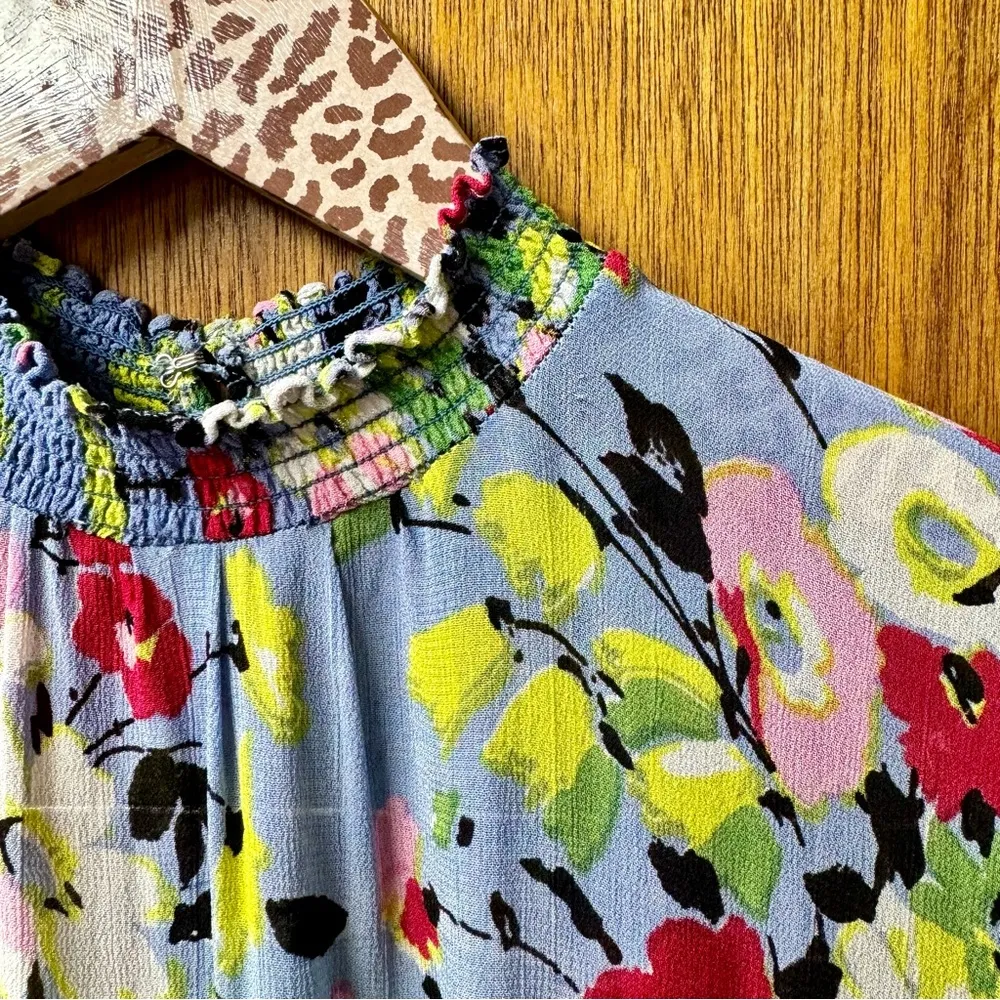 byTiMo Semi Couture Long Sleeve Ruffle Mock Neck Mini Dress Floral Blue Medium M - Image 7