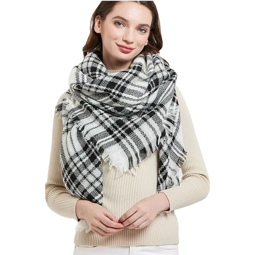 New Womens Wander Agio White & Gray Fringe Plaid Warm Blanket Winter Scarf Black - Image 2