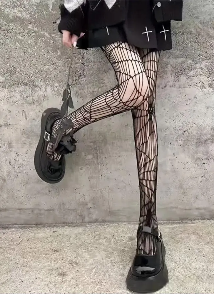 Black Gothic Skull Pattern Fishnet Tights Sexy Hollow Out Mesh Pantyhose OneSize - Image 9