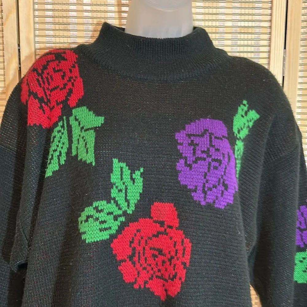 Potomac Collection Vintage 1990s Heavy Black Mock Turtleneck Sweater Roses XL - Image 2