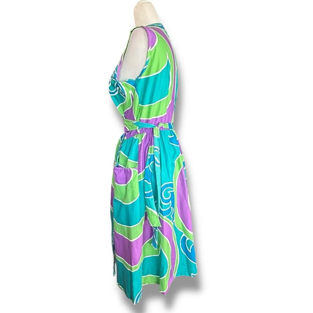 Vintage 70s Wrap Dress Bold Abstract Art Print Blue Purple Sleeveless V neck - Image 5