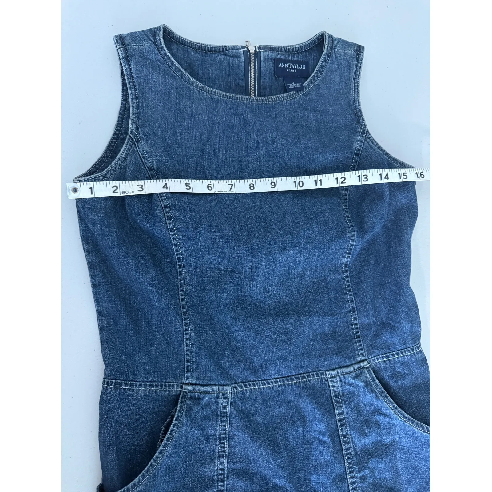 Vtg 90s Y2K Ann Taylor Jeans Denim Mini Dress Apron Pockets Contrast Stitching 4 - Image 4