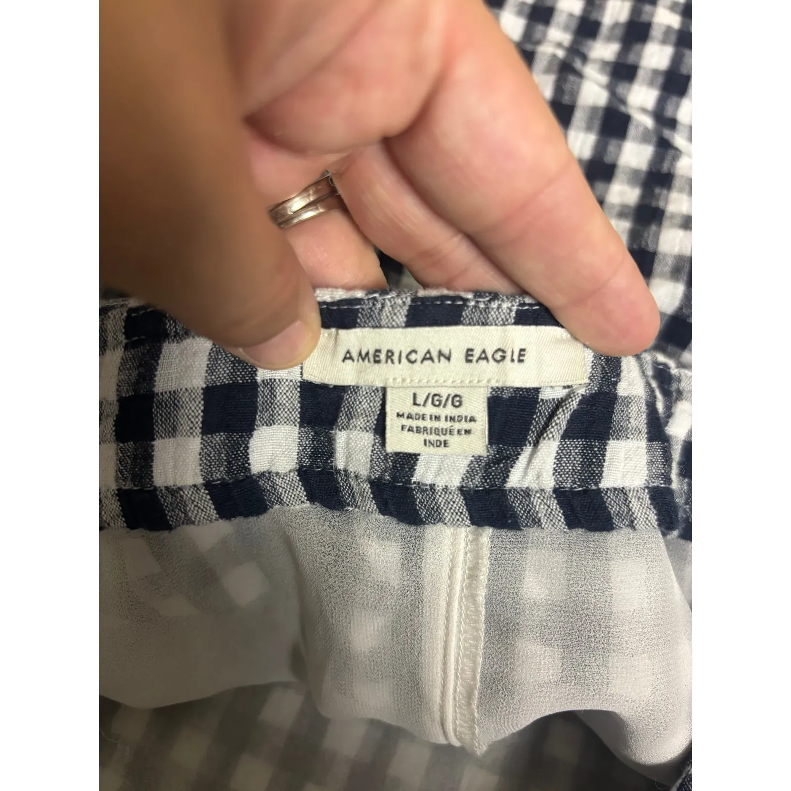 American Eagle Gingham Mini Skirt Size Large | Blue & White Check Linen Blend - Image 3