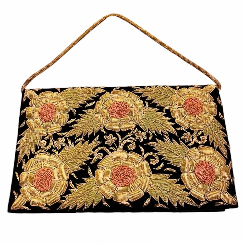 VINTAGE ZARDOZI Metal Embroidered Envelope Clutch Gold Black Velvet Handmade - Image 9