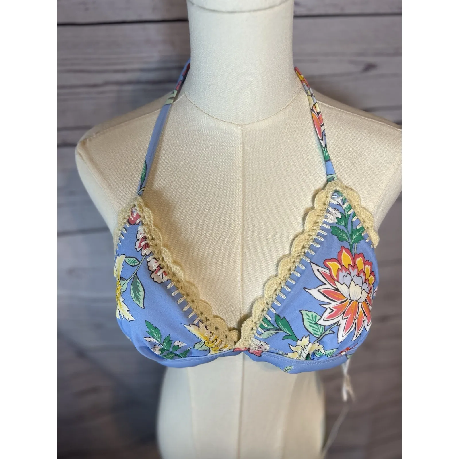 NWT Floral Bikini Top Large Blue Multicolor Crochet Trim Swimwear - Image 2