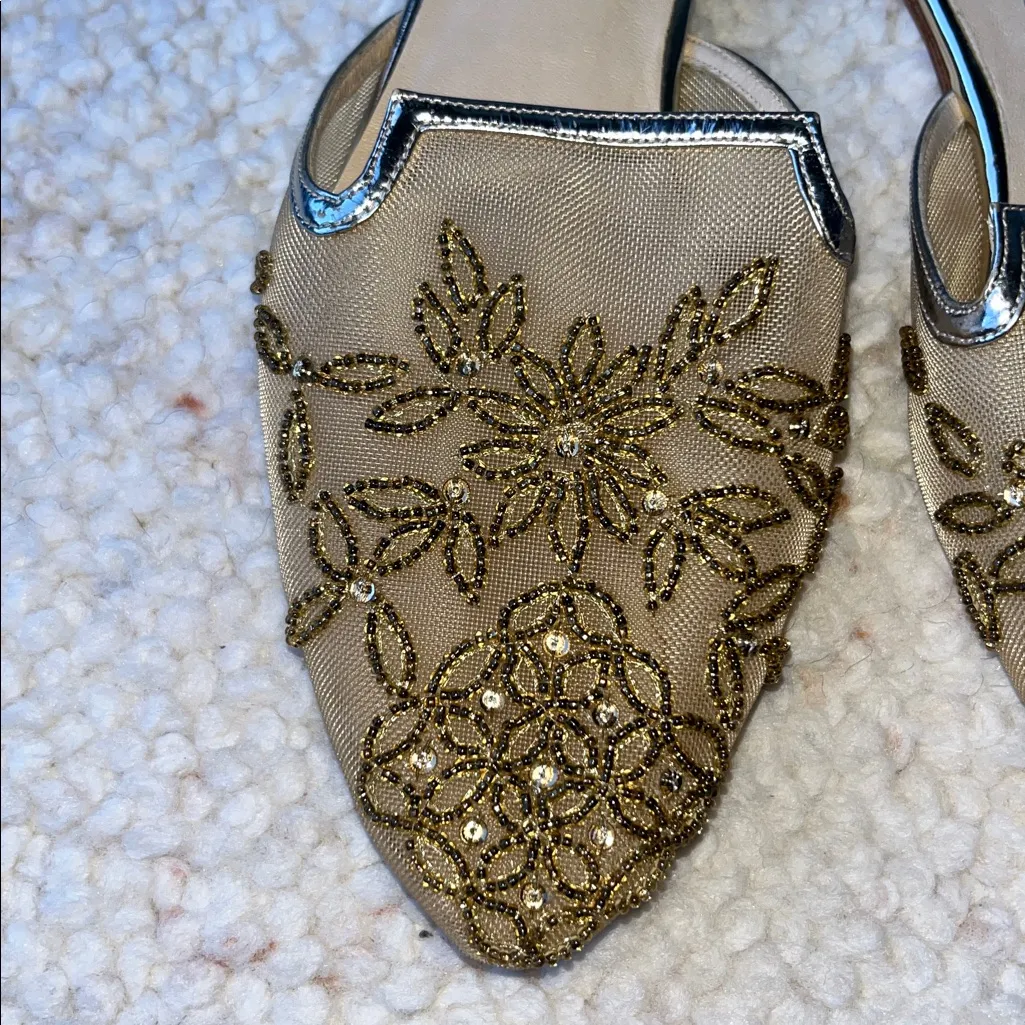 Oscar De La Renta Calista Mesh Beaded Floral Mule Slides Sandal Silver Gold 37.5 - Image 3