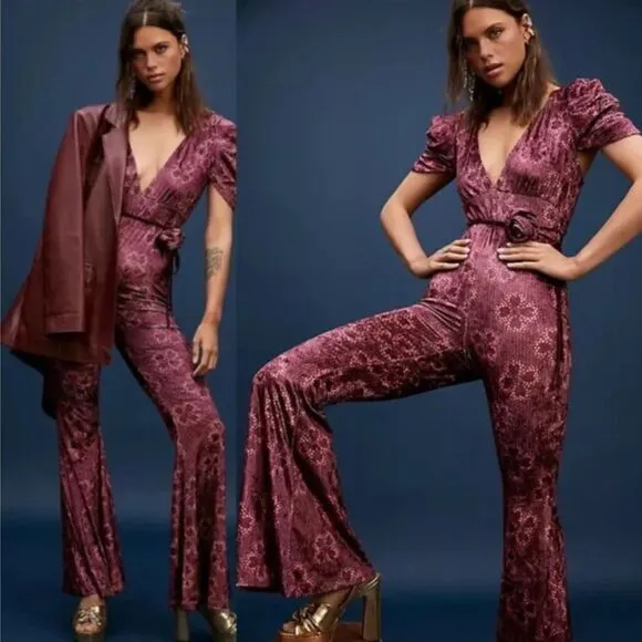 NEW Free People Rosaline Jumpsuit velvet floral print,‎ XS - Image 2