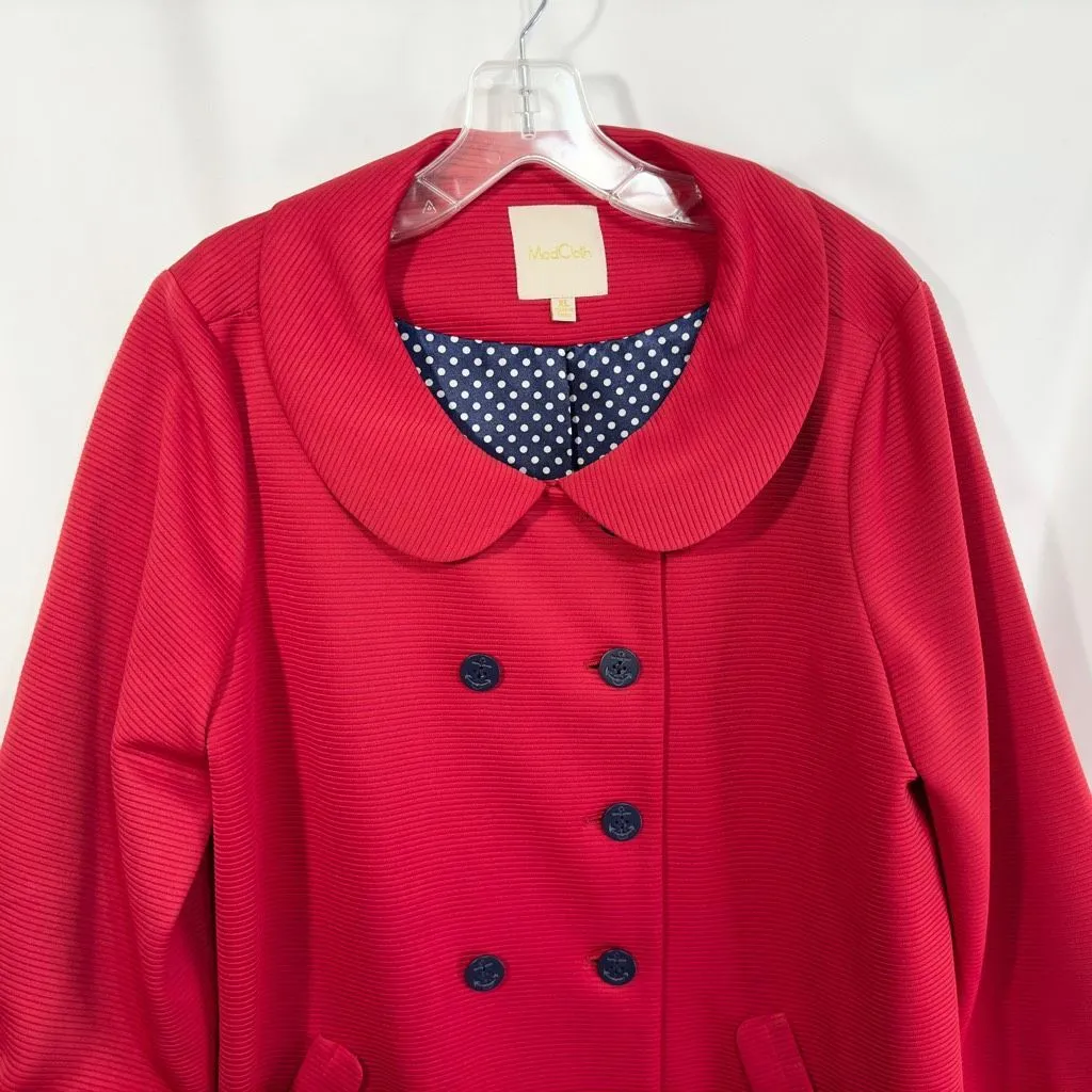 ModCloth XL Coat Red Lined Nautical‎ Ribbed Peter Pan Collar A Line Swing 933 - Image 5
